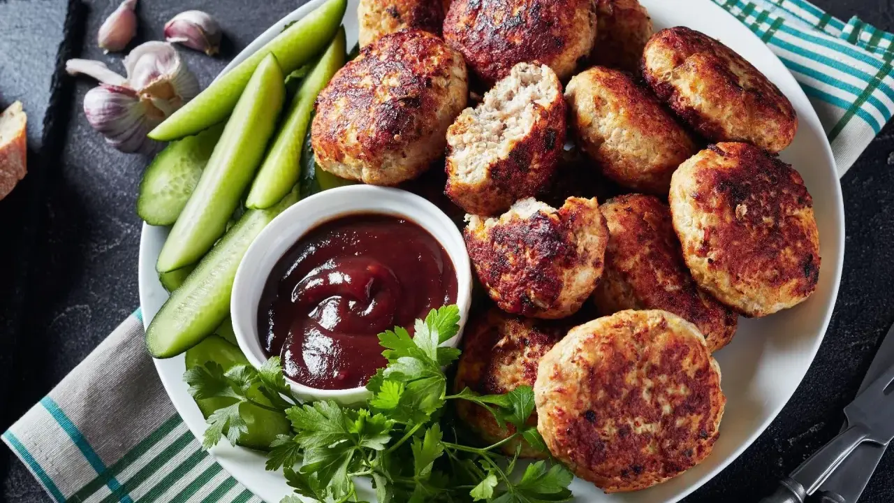 Kotlety mielone z sosem barbecue, ogórkiem i natką pietruszki – idealne co zamiast bułki do mielonych.