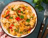 Pyszne risotto z kurczakiem i warzywami, podane w misce, obok widelca i noża.