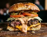 Soczysty burger z rozpływającym się serem i pysznym, kremowym sosem do burgera, podany na drewnianej desce.