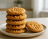 Stosik pysznych, domowych ciastek z masłem orzechowym, ozdobionych wzorkiem i orzeszkami. Jeden cookie leży obok.