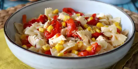 Kolorowa sałatka z makaronem farfalle, kukurydzą, papryką i fetą, posypana ziołami. Idealna na letni obiad.
