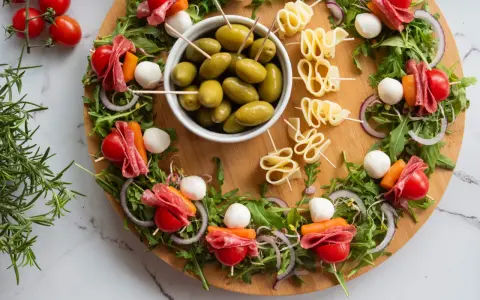 Kolorowe przekąski na imprezę: szaszłyki z pomidorkami, mozzarellą, salami i warzywami, oliwki i serowe zawijasy.