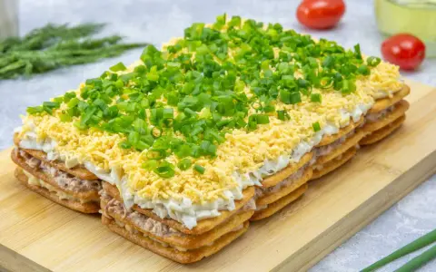 Warstwowa sałatka na imprezę z krakersów, tuńczyka, jajek i szczypiorku. Idealna na każdą okazję!