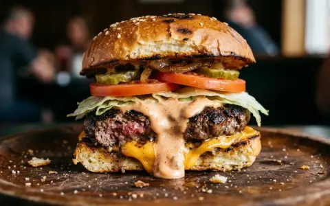 Soczysty burger z rozpływającym się serem i pysznym, kremowym sosem do burgera, podany na drewnianej desce.