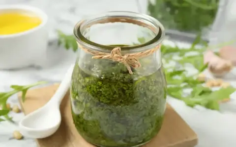 Słoik domowego pesto z rukoli, obok biała łyżeczka, piniowe orzeszki i czosnek. Idealne do makaronu!