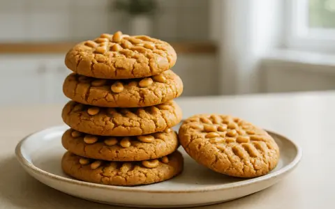 Stosik pysznych, domowych ciastek z masłem orzechowym, ozdobionych wzorkiem i orzeszkami. Jeden cookie leży obok.