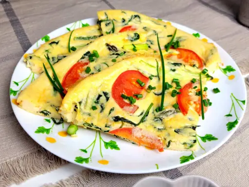 Pyszny omlet ze szpinakiem, pomidorami i szczypiorkiem, pokrojony w trójkąty, podany na talerzu z kwiatowym wzorem.