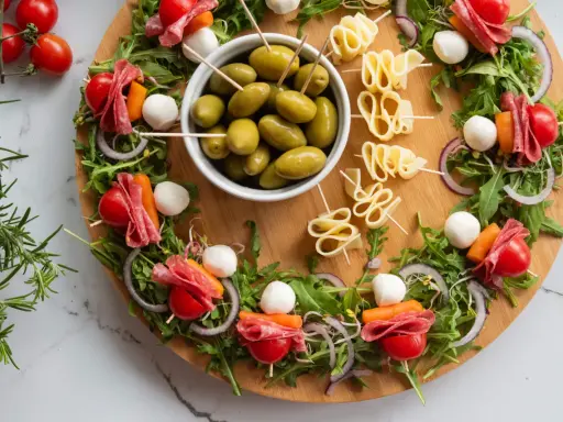 Kolorowe przekąski na imprezę: szaszłyki z pomidorkami, mozzarellą, salami i warzywami, oliwki i serowe zawijasy.