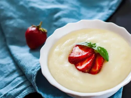 Gładka kaszka, czyli semolina, podana z truskawkami i miętą. Pyszne śniadanie, które rozwieje wątpliwości, semolina co to.