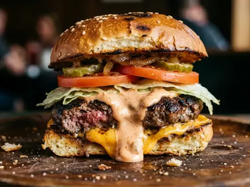 Soczysty burger z rozpływającym się serem i pysznym, kremowym sosem do burgera, podany na drewnianej desce.