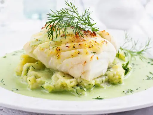 Pyszna ryba w sosie koperkowym, podana na purée ziemniaczanym z dodatkiem świeżego koperku. Danie wygląda apetycznie i aromatycznie.