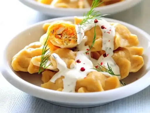 Pyszne, proste dania na Święta Bożego Narodzenia: pierogi z farszem, polane sosem, ozdobione koperkiem i pieprzem.