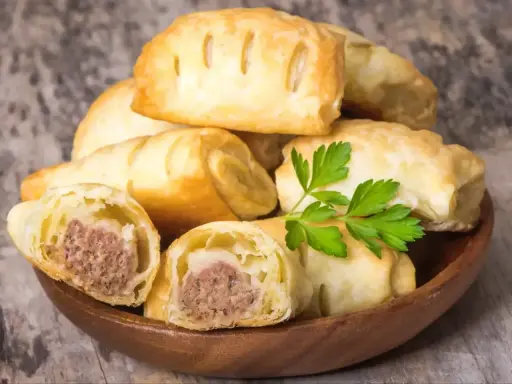 Stos pieczonego ciasta francuskiego z kiełbaską w środku, ozdobione natką pietruszki.