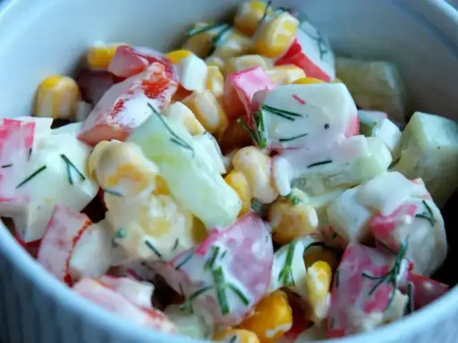 Pyszna sałatka z surimi, kukurydzą, ogórkiem i jajkiem, polana kremowym sosem.