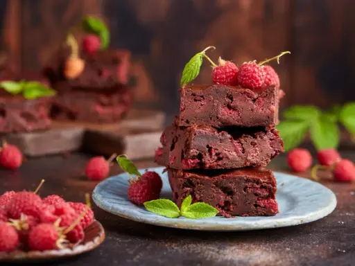 Stos puszystych brownie z malinami, ozdobiony świeżymi malinami i listkami mięty.