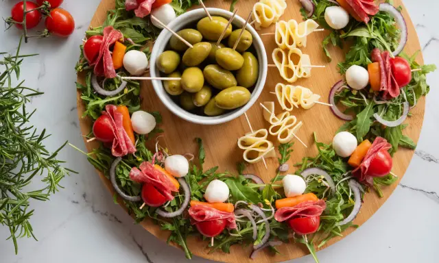 Kolorowe przekąski na imprezę: szaszłyki z pomidorkami, mozzarellą, salami i warzywami, oliwki i serowe zawijasy.