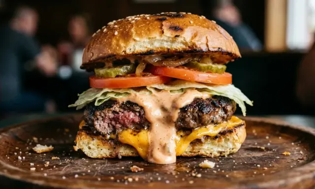 Soczysty burger z rozpływającym się serem i pysznym, kremowym sosem do burgera, podany na drewnianej desce.