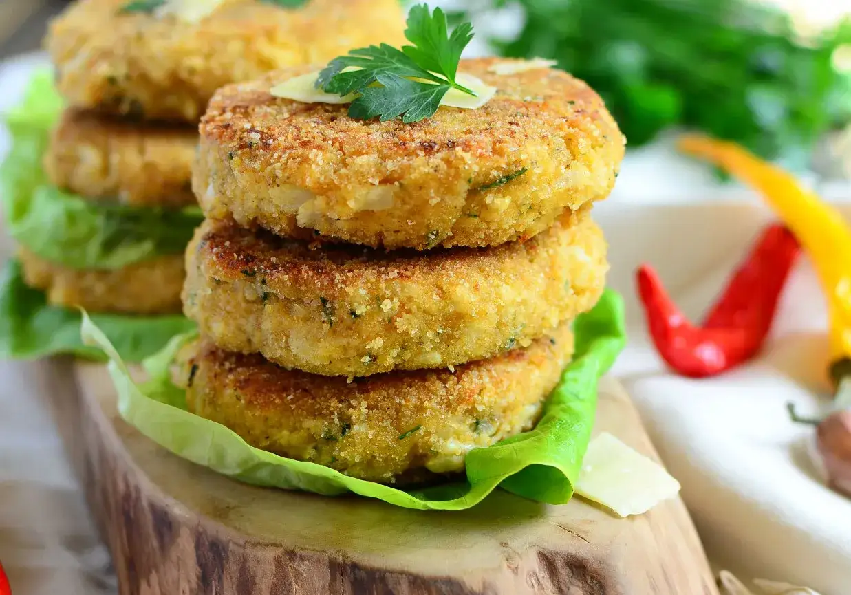 Złociste kotlety z kalafiora, ułożone na sałacie, ozdobione natką pietruszki. Obok papryczki chili i czosnek.
