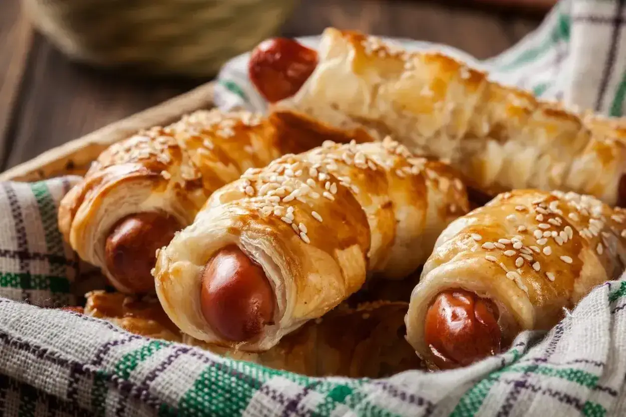 Chrupiące par&oacute;wki w cieście francuskim, posypane sezamem, ułożone w koszyku na kratkowanej ściereczce.
