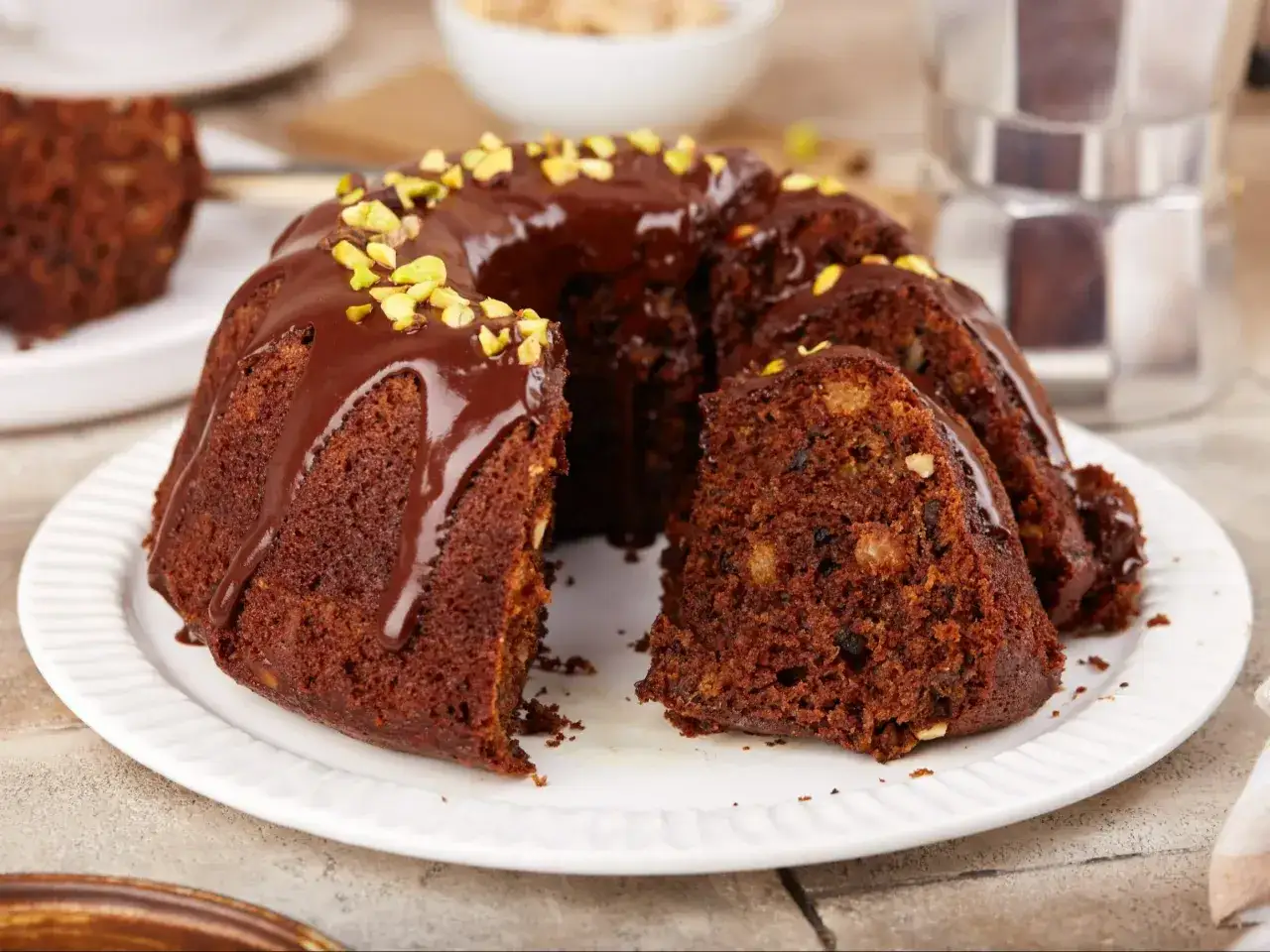 Czekoladowa babka z orzechami, polana lukrem i posypana pistacjami. Idealny przepis na babkę dla każdego.
